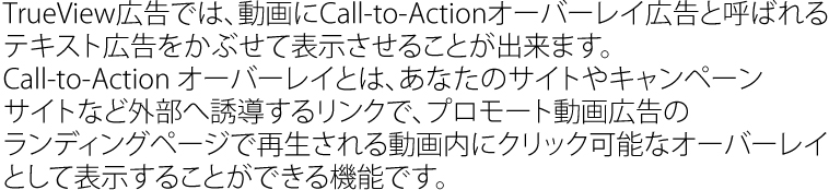 TrueView広告では、動画にCall-to-Actionオーバーレイ広告と呼ばれるテキスト広告をかぶせて表示させることが出来ます。