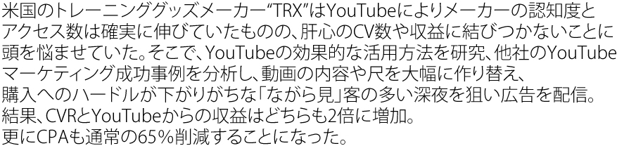 米国のトレーニンググッズメーカー'TRX'はYouTubeによりメーカーとの認知度とアクセス数は確実に伸びていたものの、肝心のCV数や収益に結びつかないことに頭を悩ませていた。